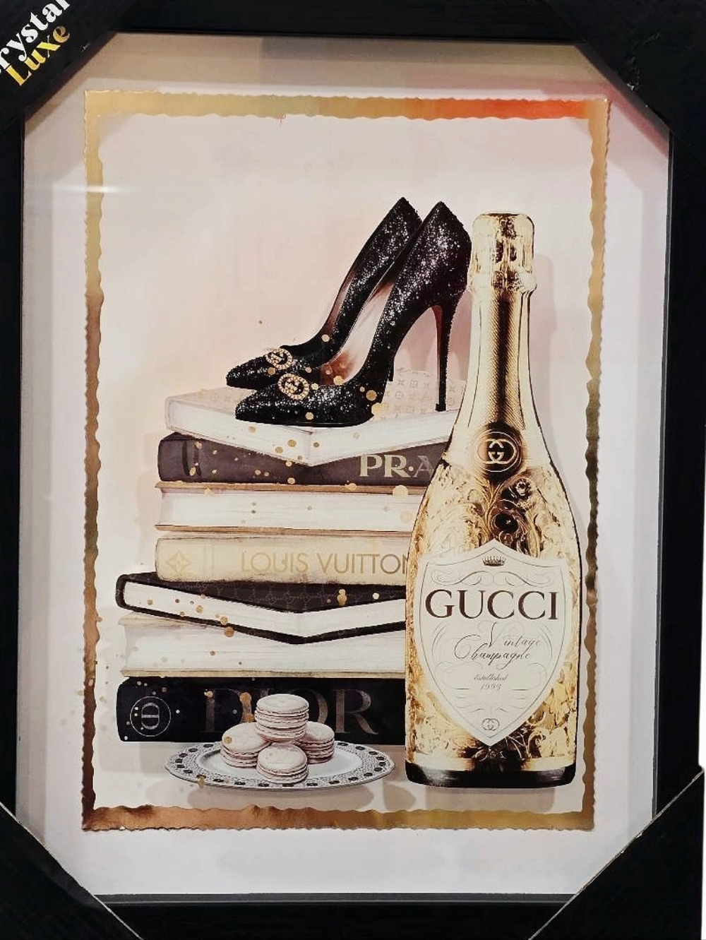 Crystal Luxe Gucci Champagne Bottle Print with Fashion Stack Framed Wall Decor